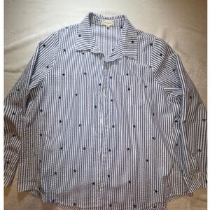 Cloth & Portrait XXL Seersucker Star Embroidered Button Down Shirt Blue White
